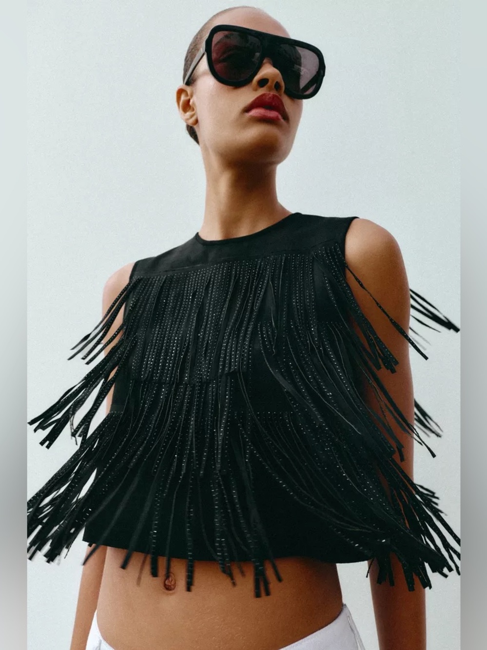 NWT Zara Woman STUDDED FAUX SUEDE FRINGE TOP Black Size M Medium